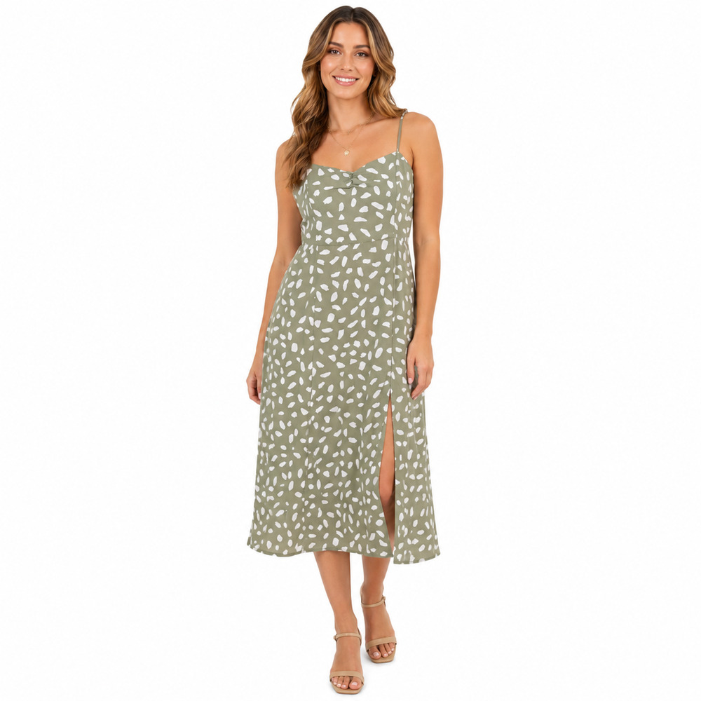 Lulus Sage Green Midi Sleeveless Side Slit Print Smocked Dress Womens sz L
